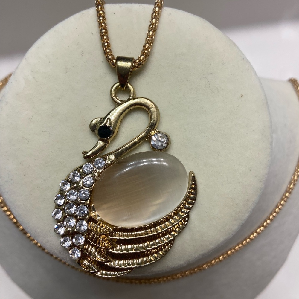 Bijoux by Meera Gold Tone Swan Pendant and Long Necklace Clear Rhinestones